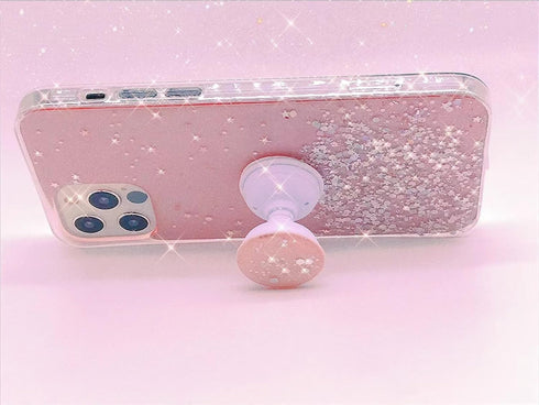 Expanding Phone Socket Mount Holder (Black) - Glitter Sparkle Bling, Collapsible Stand, Finger Foldable Grip for
