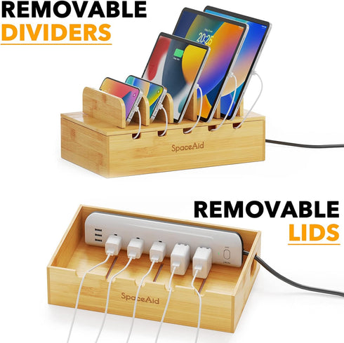 SpaceAid Bamboo Charging Station for Multiple Devices, Cell Phone Docking Stations for Multi Laptop, Tablets and iPads