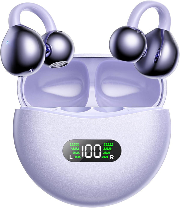 ABCDONG Wireless Earbuds Open Ear Clip On Headphones with LED Digital Display Charging