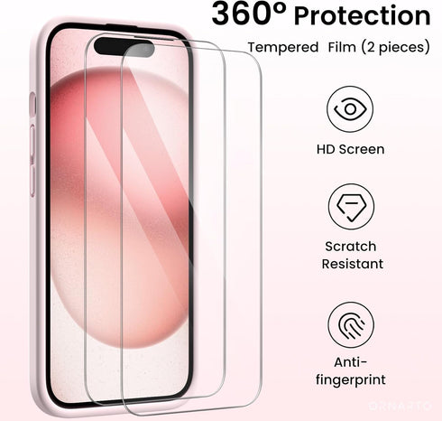 ORNARTO iPhone 15 Case - Pink Shockproof Waterproof Liquid Silicone with Screen Protectors, Full Cover for 6.1 inch.
