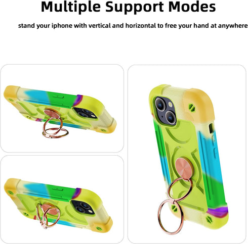 iPhone 15 Case, Rainbow Green, Heavy-Duty Shockproof Military-Grade Rugged Cover with Ring Stand, Glass Screen & Camera