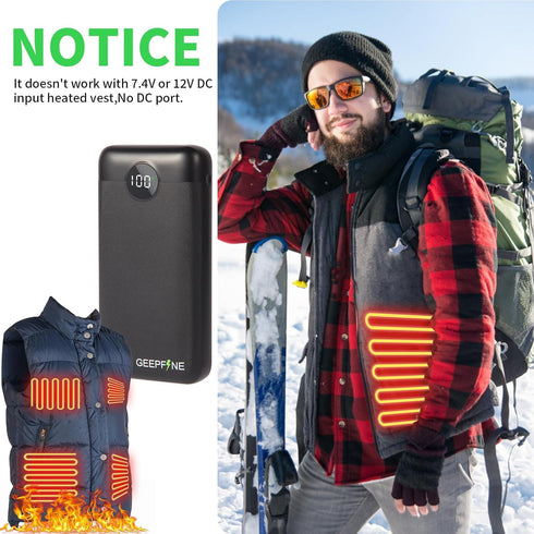 GEEPFINE 5V 2A/3A Pack Vest,20000mah Pack Power Bank Battery for Heated Battery for Heated Jacket Power Bank