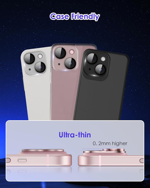 iPhone 15 Plus Camera Lens Protector - Black Metal Aluminium Alloy Ring, 9H Tempered Glass, Case Friendly Cover.