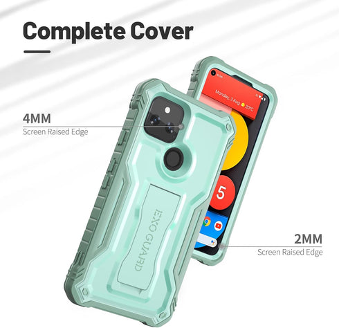 ExoGuard Google Pixel 5 Case, Rubber Shockproof Full-Body Cover with Built-in Screen Protector and Kickstand (Green)