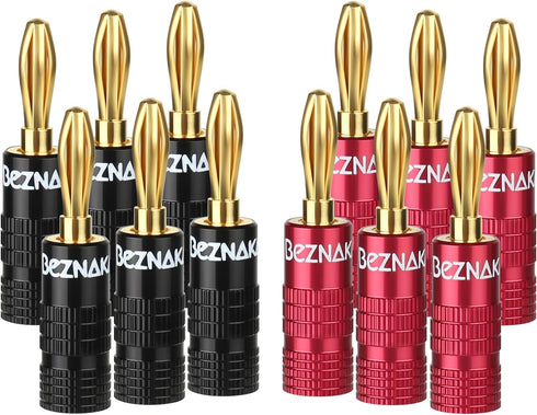 Banana Plugs with Dual Set Screws, Black and Red Aluminum Shell, 6 Pairs