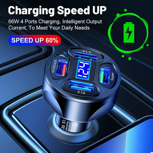66W Multi Port Car Charger Adapter with Voltage Monitor, 4 USB QC3.0 Super Fast Charge Cigarette Lighter Charger