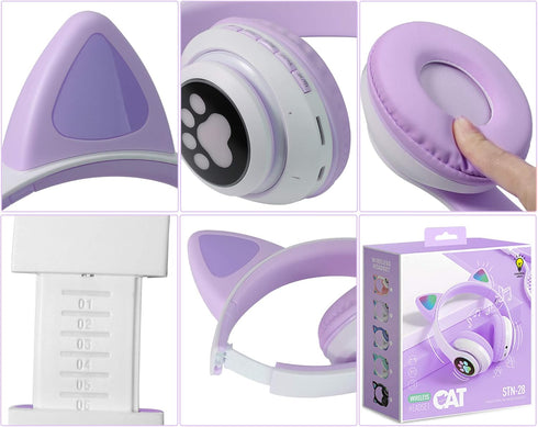 TCJJ Kids Wireless Headphones, Cat Ear LED Light Up, Bluetooth 5.4, Noise Cancelling for Girls Boys Toddlers