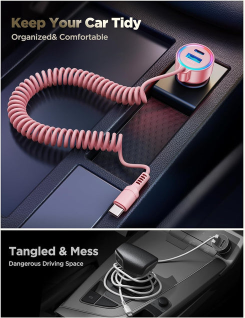 60W USB C Car Charger, Fast Charge PD&QC3.0 with 30W Type C 5ft Coiled Cable for iPhone 15 Pro Max, Samsung S24