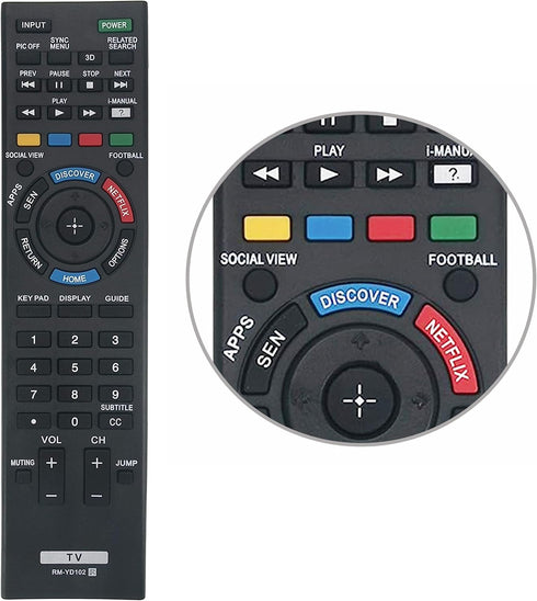 Universal RM-YD102 Remote Control for Sony Smart LED HDTV Television - 3D Button, Discover & Netflix Button