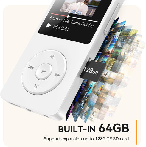 AGPTEK A02 MP3 5.3, 1.8 inch 128GB(White, 64GB) Player with Bluetooth Screen Portable Music Player with Speaker, FM