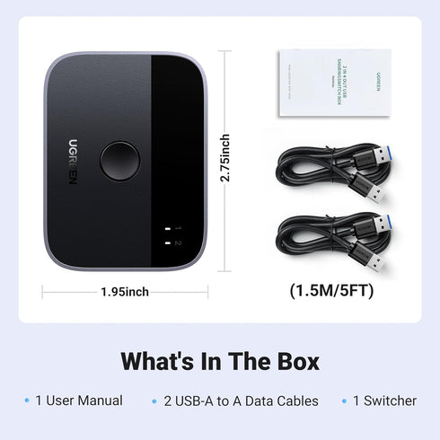 UGREEN USB 3.0 Switch 2 in 2 Out, USB Switcher for 2 Computers Sharing Keyboard, Mouse, Printer, 2 Port USB Selector
