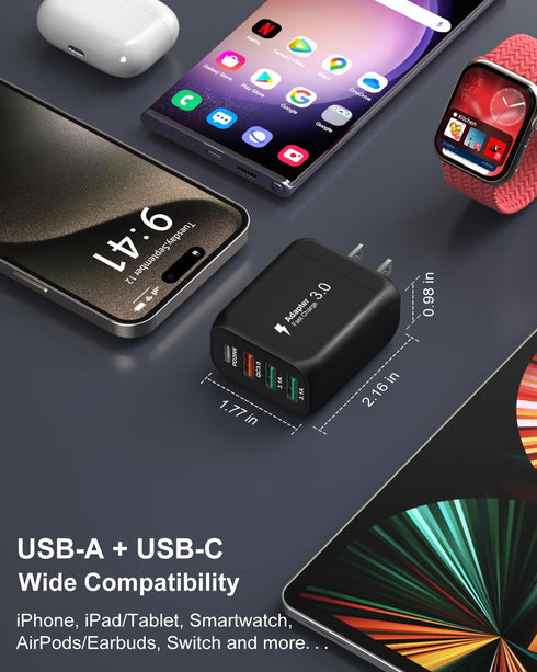 OKRAY 2-Pack USB C Charger Block, 40W 4-Port Type C Wall Charger Plug, QC+PD3.0 Fast Charging for iPhone 15, Galaxy