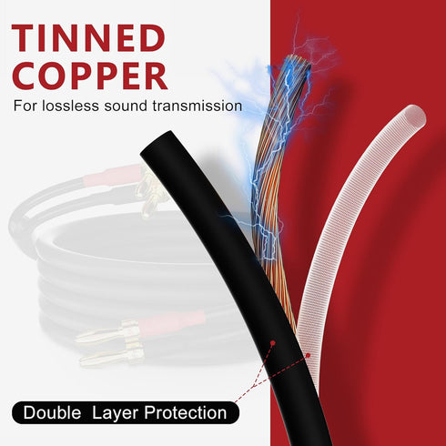 Speaker Cable Wire 25 Ft with Gold-Plated Banana Tip Plugs - 16 AWG Gauge Tinned Copper for HiFi Surround Sound - Black