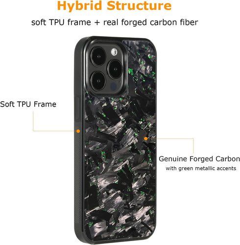 molzar Grip Series Case for iPhone 15 Pro Max with Real Forged Carbon Fiber, Glossy Black/Green