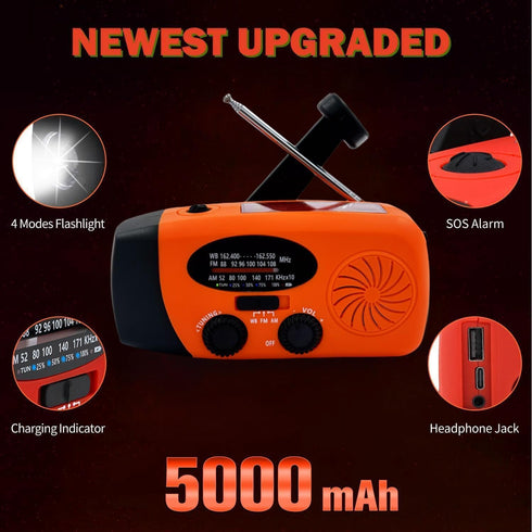 5000mAh Weather Emergency Radio, Portable Solar AM/FM/NOAA Hand Crank Radio with SOS, Power Bank (Orange)