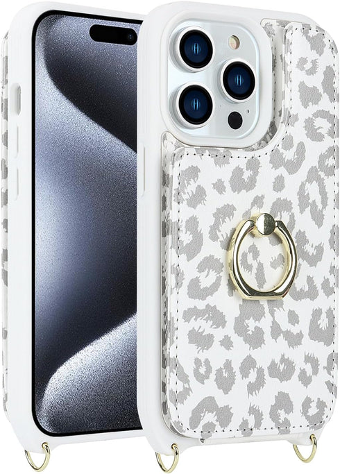 iPhone 15 Pro Max Case with Card Holder for Women, Phone Case with Strap, Crossbody Lanyard, Ring Stand, Cute Wallet