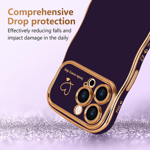 LCHULLE iPhone 15 Pro Max Case for Women, Cute Wave Frame with Love Heart Raised Camera Protection, Dark Purple