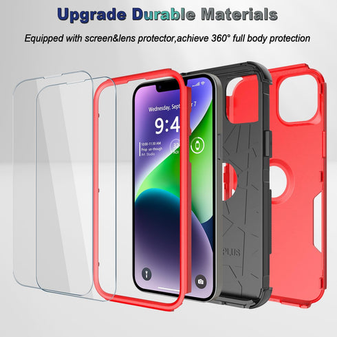 iPhone 13 & 14 Case, 10 Ft Military Shockproof, Non-Slip, with 2 Tempered Glass Protectors, 6.1" (Red/Black)