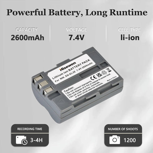 Hisewen EN-EL3e Battery 2-Pack, 2600mAh and LED Charger for Nikon D50, D70, D70s, D80, D90, D100, D200, D300, D300S,