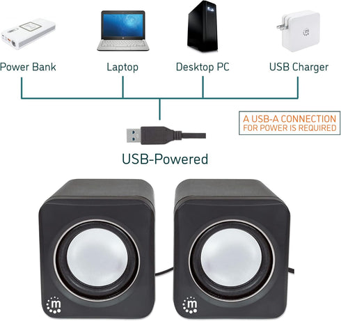 MANHATTAN USB Powered Stereo Speaker System - Small Size - with Volume Control & 3.5 mm Audio Plug to Connect to Laptop, Notebook, Desktop, Computer - 3 Yr Mfg Warranty - Black Silver, 166898