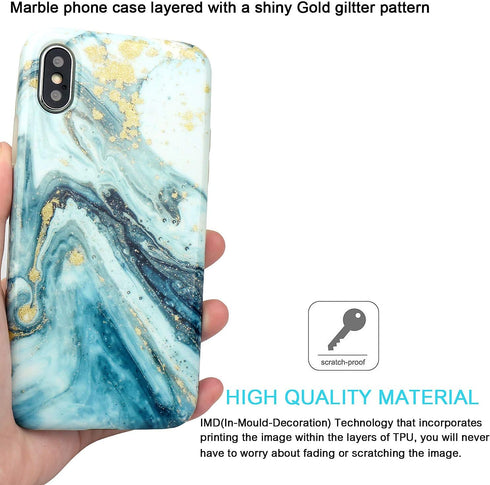 JIAXIUFEN Compatible iPhone X iPhone Xs Case, Gold Sparkle Glitter Blue Marble Slim Shockproof Cover
