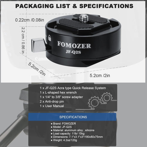 JF-Q2S Arca Type Camera Quick Release Plate Kit with Arca Swiss Peak Design Capture V3 Camera Clip, 1/4" 3/8" Thread