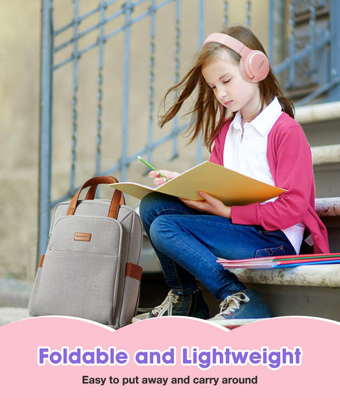 Kids Wireless Headphones 60H, Foldable On Ear Headphone with MIC, Volume Limiter 85dB/94dB for School, Pink