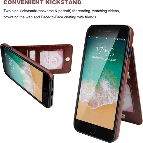 KIHUWEY iPhone 7/8 Plus Case Wallet, Premium Leather with Credit Card Holder, Heavy Duty Protective Cover (Brown)