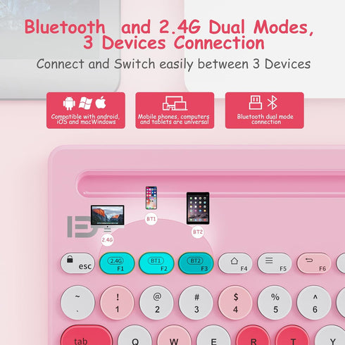 HUO JI Wireless Keyboard - Multi-Device Bluetooth and 2.4G Dual Mode for iPad, iPhone, PC, Smart TV, Pink