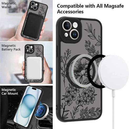 OOK 15 6.1 Inch Designed for iPhone Case Black Floral Flower Leaves Pattern Compatible with Magsafe Soft TPU Bumper