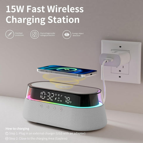 KUANGXIANG 6-in-1 15W Dimmable Bluetooth Speaker Alarm Clock with Remote, Fast Wireless Charger, FM Radio & LED Night