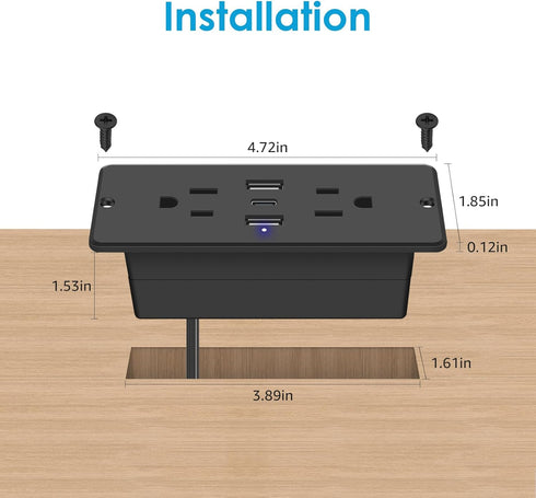 HHSOET 5 in 1 Flat Plug Recessed Power Strip, 20W Fast Charging Outlet with 2 AC Plugs, 2 USB Ports, 1 USB-C, 6ft Cord