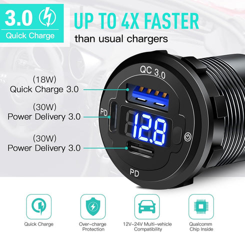 12V USB Outlet 78W 3 Port USB C 12V Outlet Dual PD 30W & 18W USB A Port Fast Charger with Switch & Voltmeter Aluminum Body Waterproof USB Car Charger Socket for Car Boat Marine RV Truck