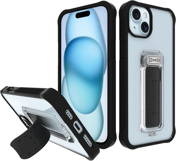 Scooch Wingman Case for iPhone 15 Plus with Stand, Military Grade Drop Protection, Pop-Out Kickstand - Tuxedo Clear