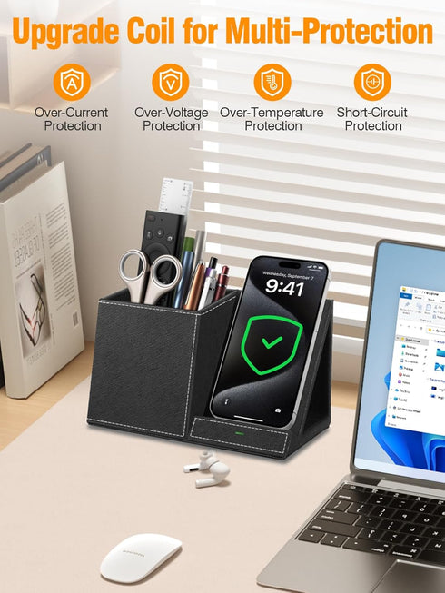 Pen Holder for Desk, Organizer with Wireless Charger, Multi-Functional Pencil Organizer for Home Office Supplies