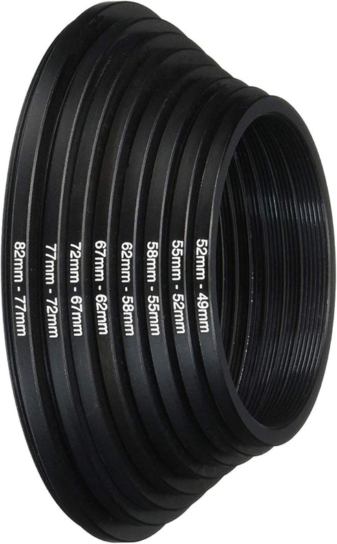 Fotasy Filter Step Down Ring Set, Anodized Metal Black, 8 Stepping Down Lens Adapter Rings, 82-77mm 77-72mm 72-67mm 67-62mm 62-58mm 58-55mm 55-52mm 52-49mm Step Down Ring (SRD)