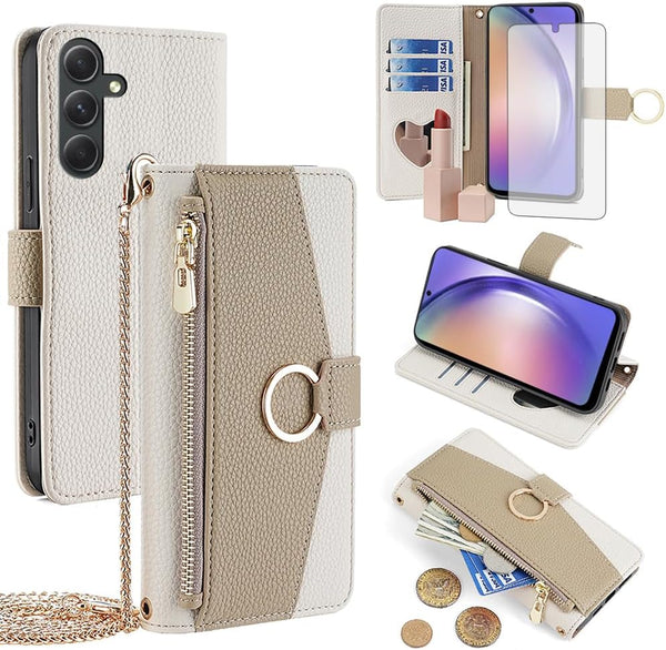 Asuwish Wallet Phone Case for Samsung Galaxy A54 5G - White PU Leather, Screen Protector, Ring Holder, Crossbody Strap.