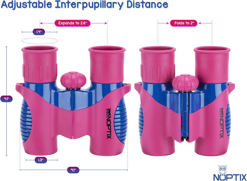 Kids Binoculars for Girls or Boys in Vibrant Pink Blue - Includes Sticker Book with 40 Bird Species