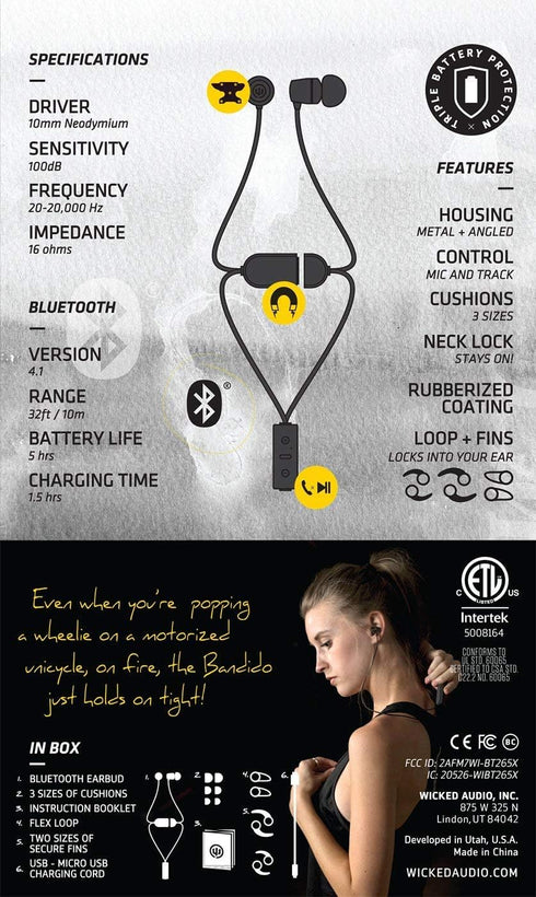 Wicked Audio Bandido Wireless Bluetooth Earbuds, Microphone and Track Control, Enhanced Bass, Black