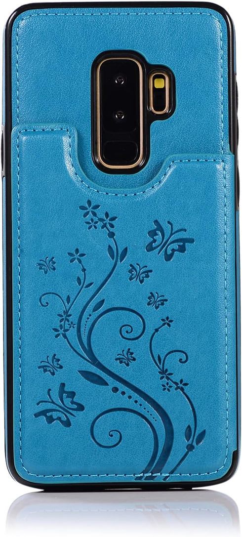 Phone Case for Samsung Galaxy S9 Plus with Tempered Glass Screen Protector, Card Holder Wallet Cover, Stand Flip