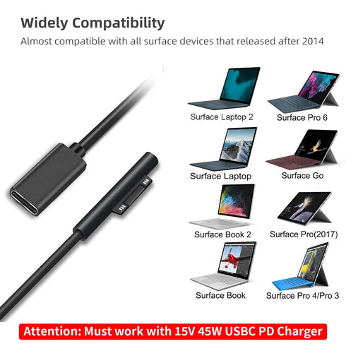 USB-C Charging Cable for Microsoft Surface Pro 7/6/5/4/3, Go3/2/1, Laptop 4/3/2/1, 20 cm, Requires 45W 15V/3A Charger.