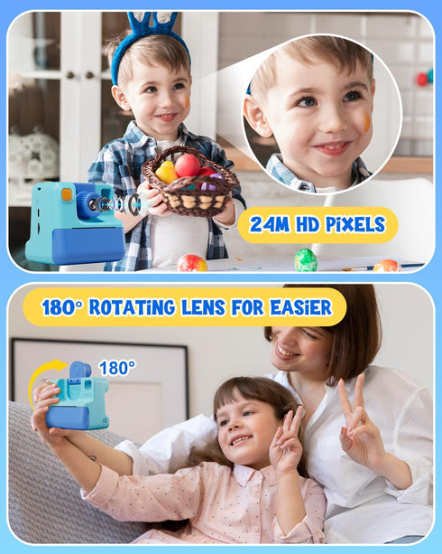 Kids Instant Print Camera - 24MP & 1080P Selfie Digital Camera with 3 Roll No-Ink Print Paper, 32G SD Card