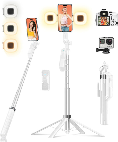 71 inch Tall Selfie Stick Phone Tripod with Detachable Wireless Remote and 2 LED Lights for Recording