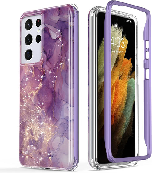 Esdot Rugged Case for Samsung Galaxy S21 Ultra, Military Grade with Fashion Designs, Glitter Purple Marble