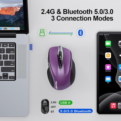 TECKNET Wireless Mouse, Rechargeable 4800 DPI Silent Mouse with 8 Buttons, Wide Compatibility (Purple)