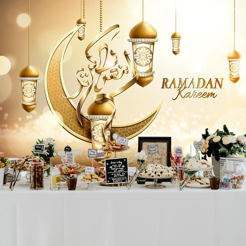 Baocicco 5x3ft Polyester Background for Eid Mubarak Photography - Golden Crescent Moon, Stars, Islamic Lanterns Decor
