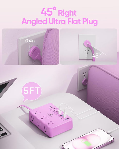 kakyanill 6 8 Ports(4 2000J 5ft Purple Power Strip, AC Outlets USB USB C) with Surge Protector, Flat Plug Purple