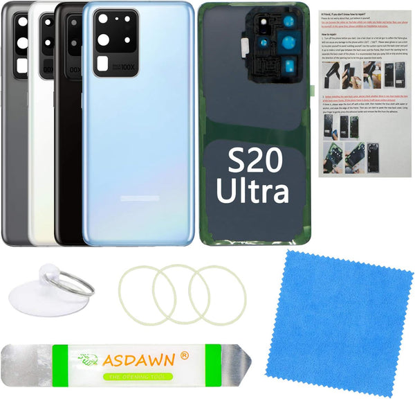 Galaxy S20 Ultra Replacement Back Glass Panel Case with Pre-Installed Camera Lens, Adhesive, Repair Tool Kit for