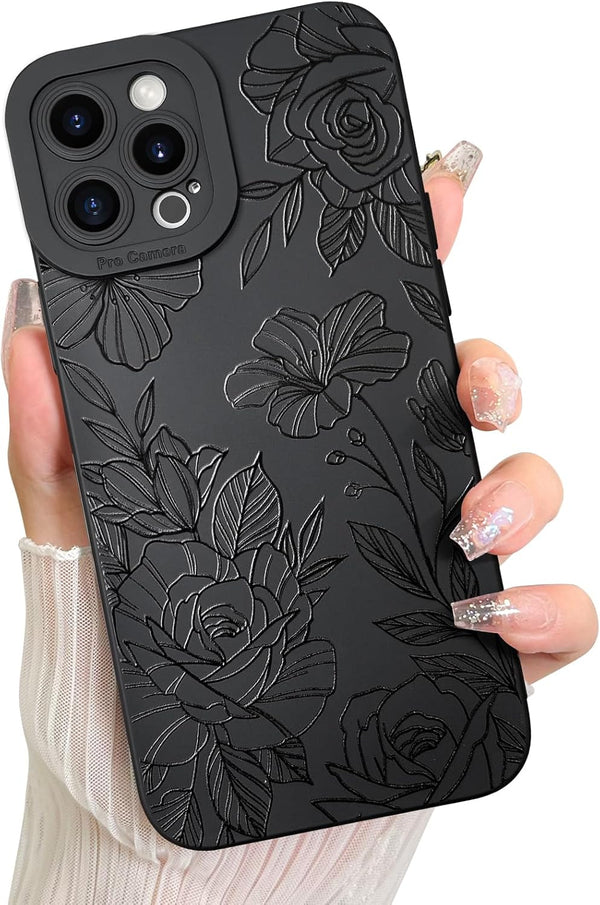 LSL iPhone 12 Pro Max Case, Black Floral Flower Pattern Print, Soft TPU Full Camera Lens Anti-Drop Anti-Scratch