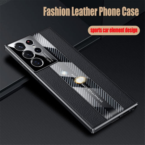 Samsung Galaxy S22 Ultra Case 5G, Luxury TPU Carbon Fiber & Leather Back Cover, Shockproof Red